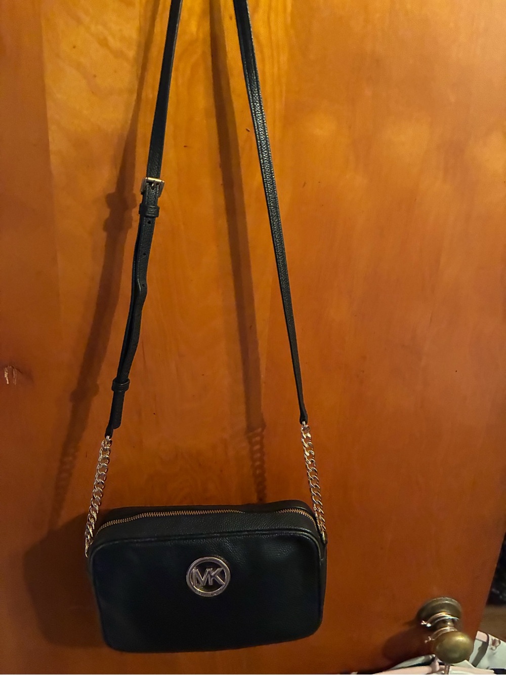 Michael Kors Black Leather Crossbody with Gold Chain Detail